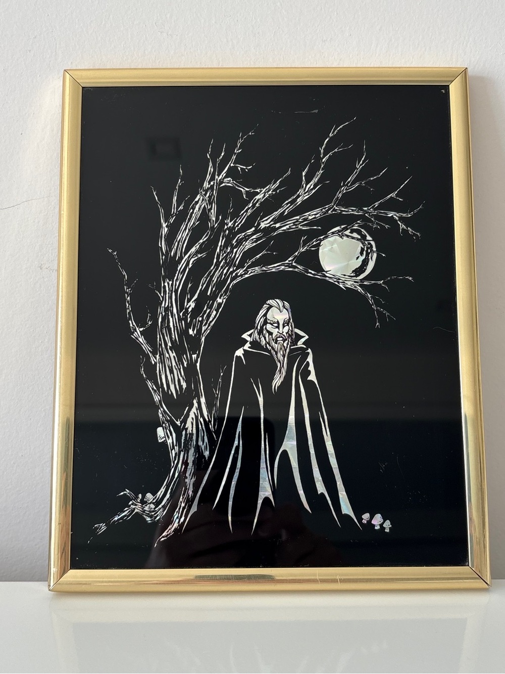 80s 90s Foil Art Reverse Painted Glass Warlock Sorcerer Wizard Gothic Dark Moody